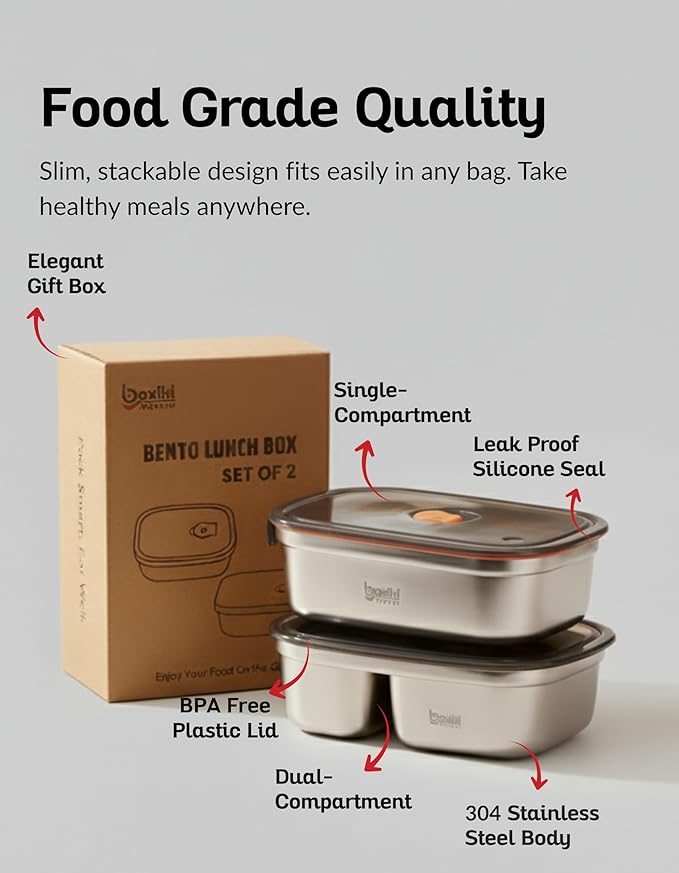 Boxiki Kitchen Bento Lunch Box Set of 2 pcs – Leakproof, BPA Free, Dishwasher Safe Lunch Containers with Compartments – Reusable Bento Box for Adults