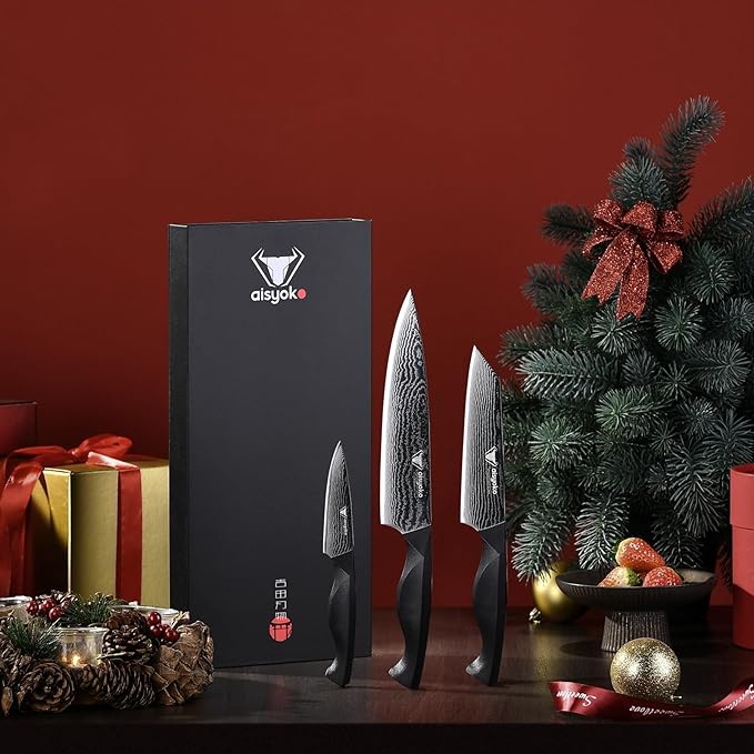 8C Damascus Knife Set - 3PC Chef's Knife, Kitchen and Paring Knives, High Carbon Stainless Steel, Ergonomic Full Tang ABS Anti-Skid Handle
