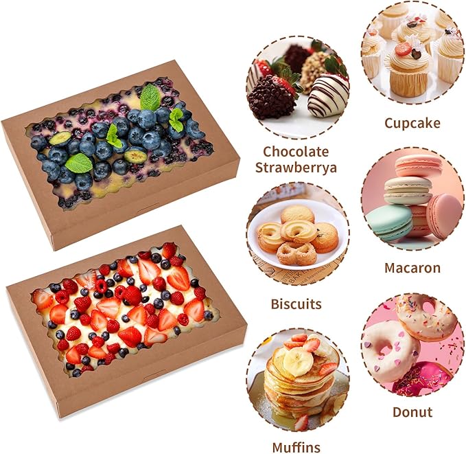 8pcs Cookie Boxes,14x10x2.5 Inch Large Bakery Boxes with Window for Pies Chocolate Strawberries Muffin Containers Donuts Pastry Dessert Tcoivs(Brown) (Brown, 14 * 10 * 2.5inch/8pcs)