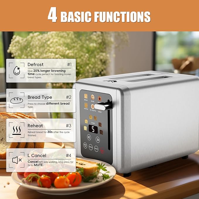 Touch screen Toaster 2 slice,Stainless Steel Digital Timer Toasters with Sound Function,6 Bread Types & 6 Shade Settings,Smart Extra Wide Slots Toaster with Bagel,Defrost Functions,Platinum