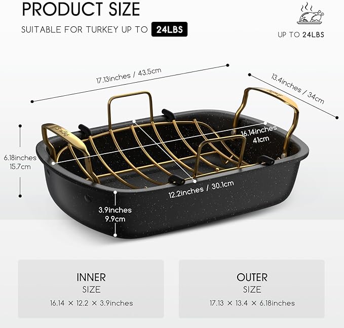 Turkey Roasting Pan, 17x13 Inch Nonstick Roaster with Removable Rack, Turkey Baster, Meat Thermometer, Turkey Brine Bags, Roaster Pan for Roasting Turkey, Meat & Vegetables (Black&Gold)