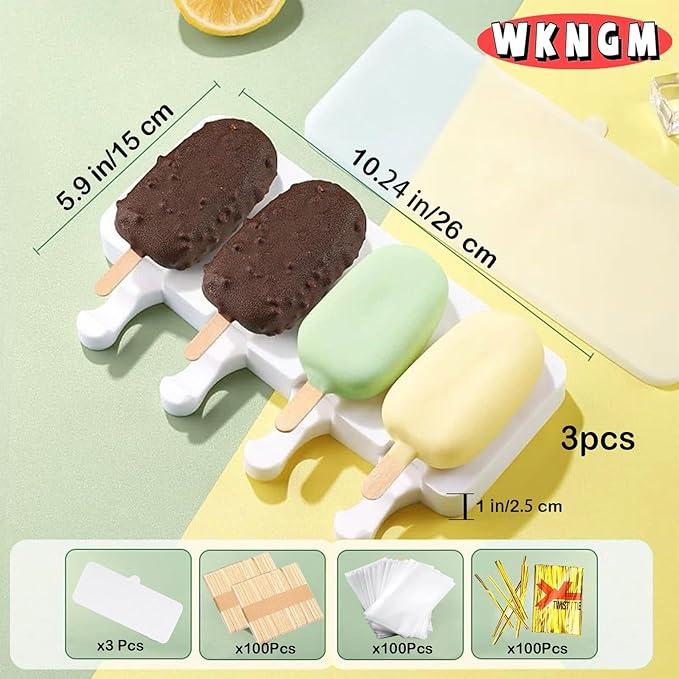 3pcs Large Silicone Popsicle Molds with Lids,4 Cavities Cake Pop Molds,Oval Ice Cream Bar Mold Ice Pop Cakesicle Molds Silicone with 100 Wooden Sticks & 100 Bags &100 Twist Ties(Pink)
