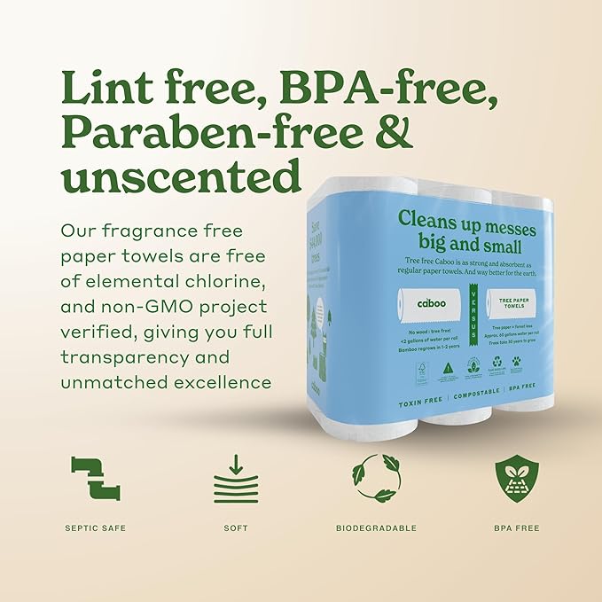 Caboo Tree Free Paper Towels, 6 Rolls, Eco Friendly, Earth Friendly, Sustainable Kitchen Paper Towels with Strong 2 Ply Sheets