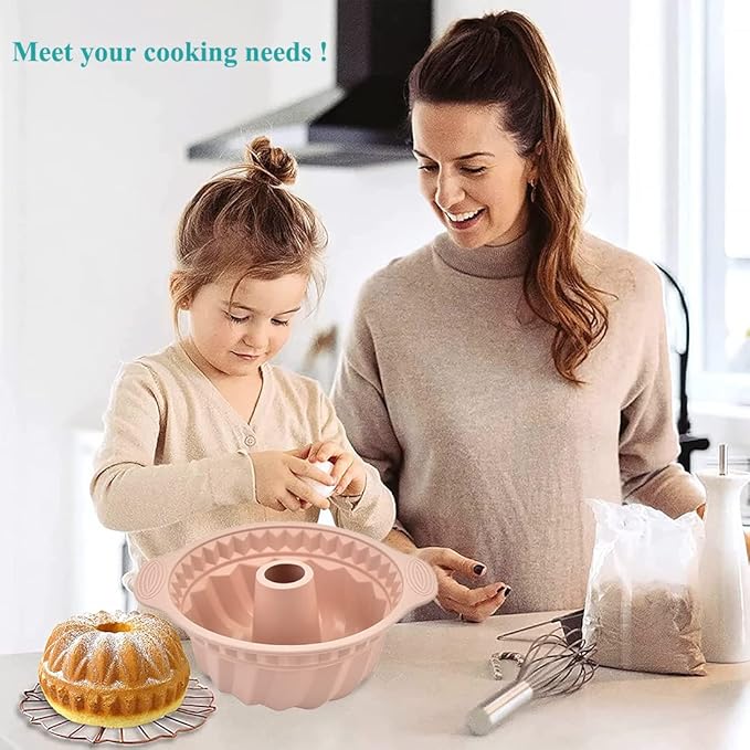 Kenond 9.5 Inch Silicone Cake Pans, Non-stick Fluted Cake Pan with Sturdy Handle, Cake Baking Molds,Perfect Bakeware for Cake, Jello, Gelatin, Bread, Para Gelatinas (Pink)