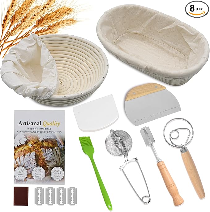 Bread Proofing Basket Set, Round 9 Inch and Oval 10 Inch Banneton Bread Bowl, Sourdough Bread Making Supplies Tools with Bread Lame, Danish Whisk, Bowl Scraper, Sourdough Scraper, Liners