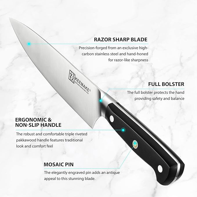 KEEMAKE Knife Block Set, 15Pcs High Carbon Stainless Steel Kitchen Knife Set with Block, Ultra Sharp Knives Set for Kitchen with Knife Sharpener Kitchen Scissors, Forged Chef Knife Set