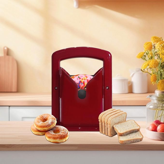 Bagel Slicer, Perfect for Bagels, Safe Grip, Safety Shield, Bagel Cutter Stainless Steel, Universal Slicer (Red)