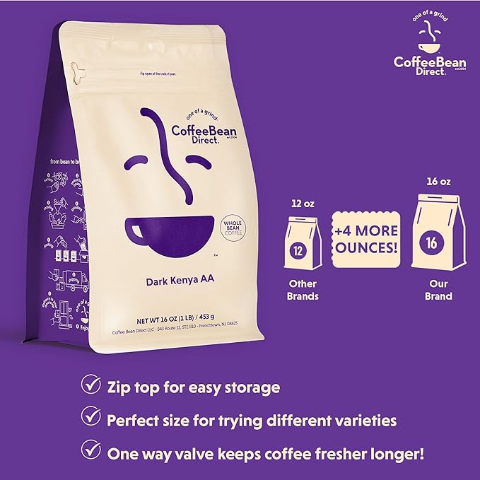Coffee Bean Direct Dark Kenya AA, Whole Bean Coffee, Dark Roast, 1 Pound Bag (Pack of 1)