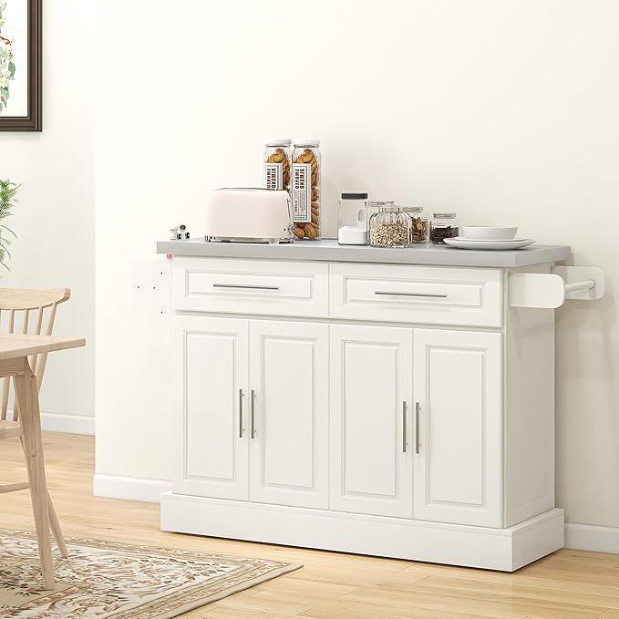 HOMCOM Rolling Kitchen Island Cart with Wheels, Portable Island Table for Kitchen with Stainless Steel Top, Adjustable Shelves, 2 Drawers, Spice, Knife and Towel Rack, Cream White