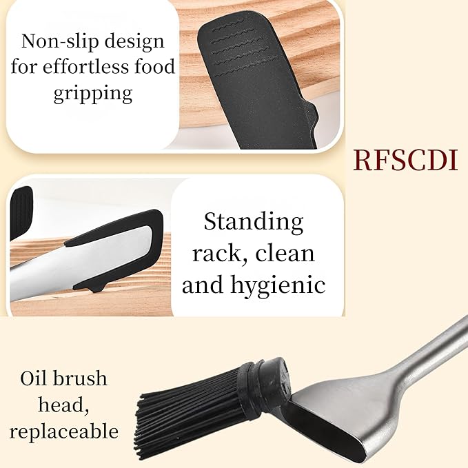 Heat-Resistant Kitchen Tongs and Basting Brush Set - 600℉ Stainless Steel Cooking Tongs with Metal Locking Mechanism - Ideal for Cooking, Grilling Steak, Baking Bread, and BBQ,(Silver 2Pcs)