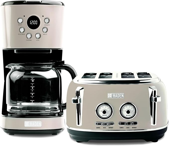 Haden 12 Cup Programmable Drip Coffee Maker Coffee Machine Bundled with Dorset 4 Slice Wide Slot Stainless Steel Toaster, Putty & Chrome
