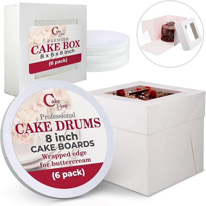 Cakebon Cake Boxes with Boards - 8 Inch Round Cake Drum White (6-pack) - Box With Window for Birthdays, Weddings and Parties