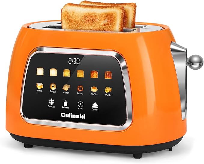 Toaster 2 Slice Smart Touch Screen, Retro 1.5'' Extra Wide Slot Stainless Steel Digital Bread Toaster with Memory Function, Bagel, Defrost, 6 Browning Level and Removable Crumb Tray, Orange