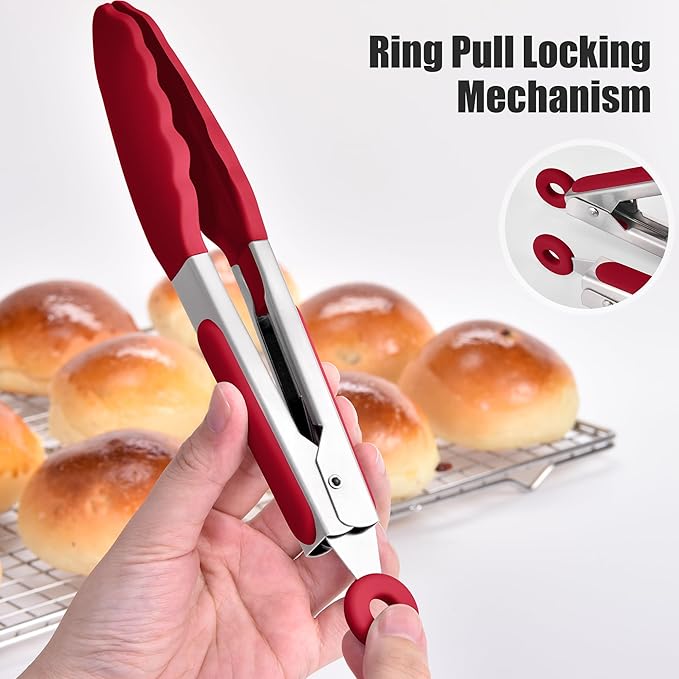 Doosu Kitchen Tongs for Cooking - 600°F Heat Resistant Food Tong with Non-Scratch Silicone Tips, Heavy Duty Stainless Steel Locking Tong for BBQ, Grilling Steak, Serving Salad, Pasta (7in, Red)