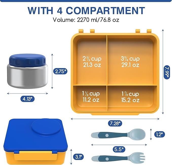 Bento Box for Kids - Leak-Proof Bento Lunch Box with Insulated Thermos Food Jar - 4 Compartments, 1 Removable Divider, 1Spoon, 1 Fork - Dishwasher Safe, BPA-Free (Blue)