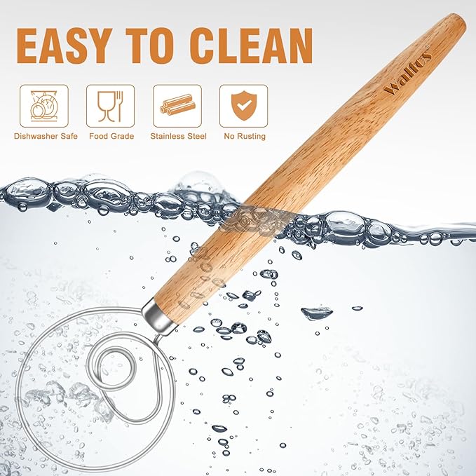 Walfos Wood Danish Dough Whisk Set 2pcs Wooden Danish Sourdough Bread Dough Whisks with Stainless Steel Ring, Kitchen Hand Bread Mixer Dough Whisking Tools for Sourdough, Cake, Pizza, Pastry