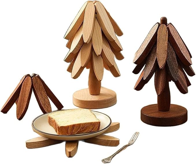 Natural Wood Tree Trivet Set, 𝐍atural Tree Trivet Set - 4 Wooden Trivets,4 Wooden 𝐓rivets & 1 Stand Like a Christmas Trees,for Hot Dish,Pot,Bowl,Teapot,Hot Pot Sets (Natural Wood 3 Trivets,1set)