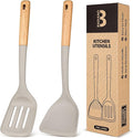 Silicone Wok Spatula Turner Set, Perfect for Scooping, Flipping, Lifting Pancakes and Picking up Veggies, BPA-Free Matte Silicone, Wooden Handles, Safe for Nonstick Cooking Surfaces (Khaki)