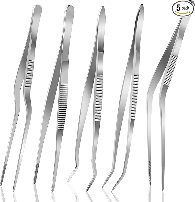 6.3 Inch Food Tweezers Stainless Steel with Precision Serrated Tips, 5PCS Kitchen Tweezers Set for Cooking, Baking, Cookie Cake Decoration, Metal Plating Tweezers