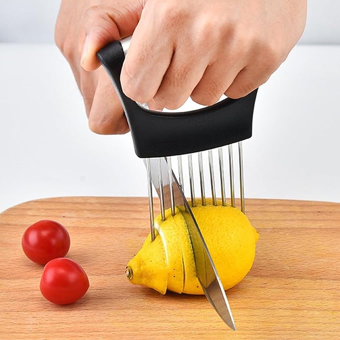 Onion Holder for Slicing, Stainless Steel Lemon Slicer Vegetable Cutter Onion Slicer Holder, Kitchen Chopper Slicing Assistant Tool for Potato Tomato Cucumber Avocados Fruits Eggs Meat