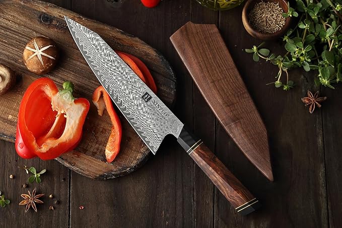 XINZUO 8.5 Inch Japanese Kiritskue Chef Knife, Professional Chef Knife,Damascus Kitchen Knife for Chefs and Home Cooking, Desert Ironwood Handle, Walnut Magnetic Wooden Sheath, Acacia Wood Box Package