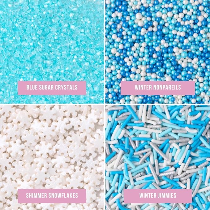 Sweets Indeed Winter Sprinkle 4-Pack – 10.90 oz | Blue Sugar Crystals, Shimmer Snowflakes, Winter Jimmies & Nonpareils | Frozen-Inspired Christmas & Holiday Baking Decorations