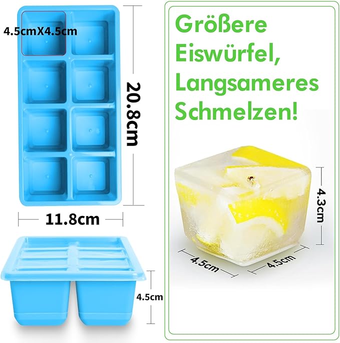 Large Ice Cube Molds 2 Pack, FURNSII Silicone Ice Cube Tray for Freezer with Lid, 8 Giant Square Cubes, Easy Release Stackable Ice Molds for Whisky Cocktails (Black)
