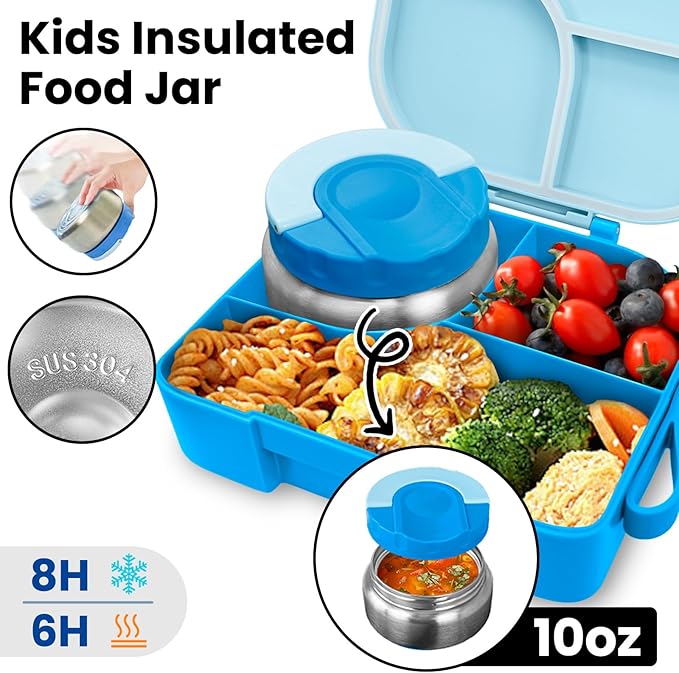 TinyPalsa Bento Box for Kids with 10oz Thermos, Durable Lunch Box with Leak Proof Insulated Food Jar, 3 Compartments with Portable Handle for Ages 3+, Dishwasher Safe, Ideal for School, Travel (Blue)
