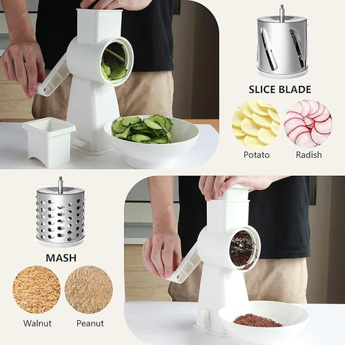 4-in-1 Rotary Cheese Grater Handheld, Lightweight Body with 4 Stainless Steel Blades & Non-Slip Suction Base, for Shredding Parmesan, Slicing Vegetables, Grating Chocolate（White）