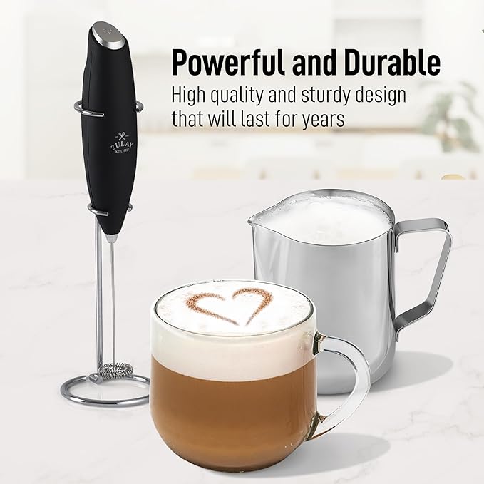 Zulay Kitchen Premium Gift Milk Frother Complete Set - Handheld Foam Maker, Stencils & Frothing Pitcher Set - Whisk Drink Mixer for Coffee - Mini Blender for Cappuccino, Frappe - Black