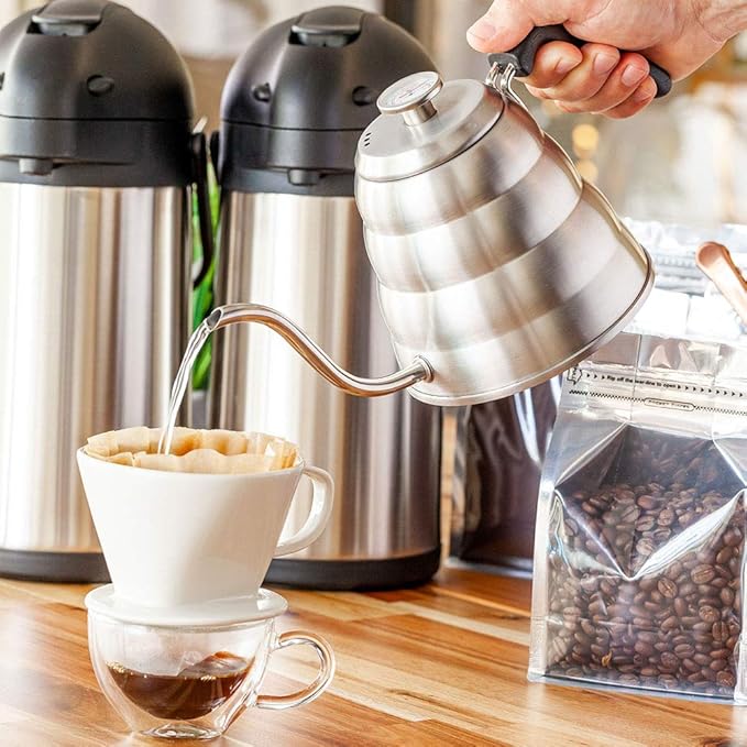 Restaurantware Restpresso 41 Ounce Gooseneck Kettle 1 Dishwashable Pour Over Kettle - With Thermometer Lid Non-Stick Coating Stainless Steel Stovetop Kettle Built-In Handle