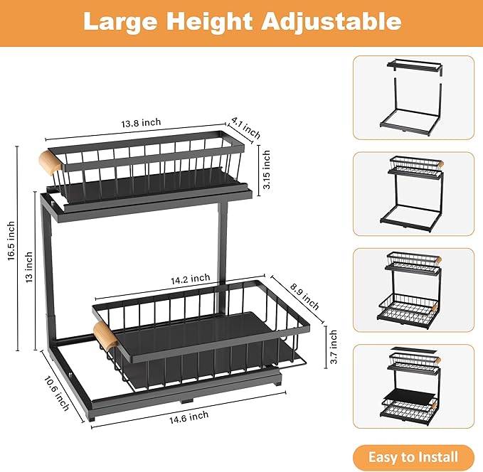 Under Sink Organizer, 2-Tier Metal Pull Out Cabinet Organizer Shelf Kitchen Bathroom Organizers and Storage with Sliding Drawer Undersink Pantry Cabinet Closet