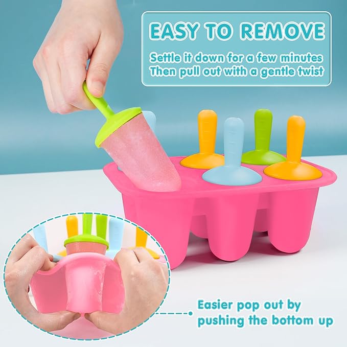 Miaowoof Silicone Popsicles Molds for Toddlers, 6-Cavity Non-BPA Premium Silicone Small Popsicle Molds, Ice Pop Mold with 6 Colorful Reusable Sticks for Kids (Pink)