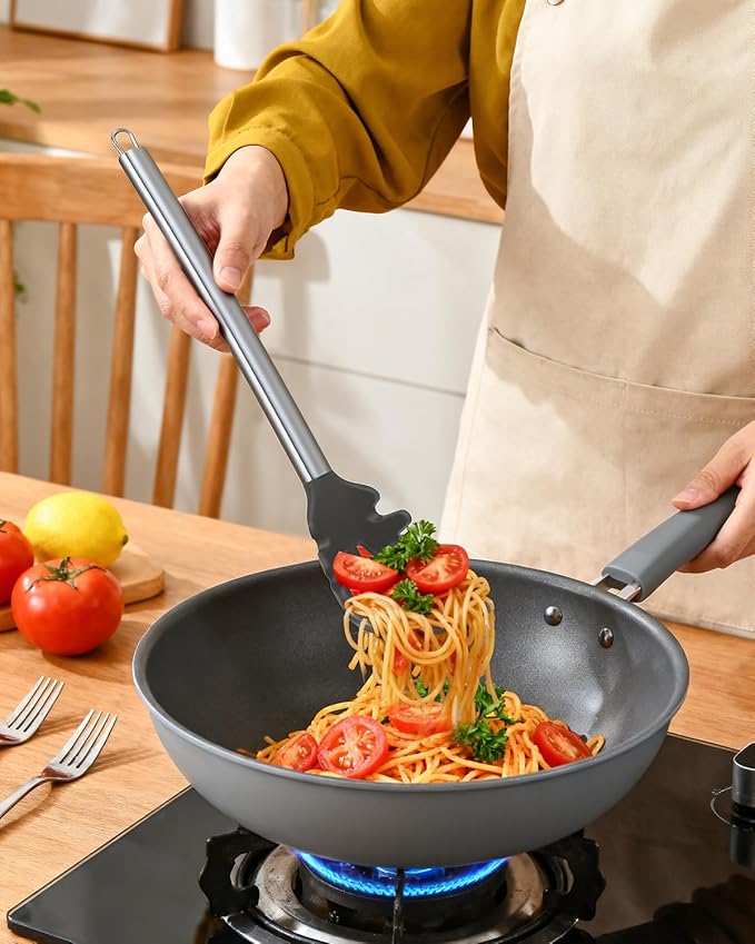Spaghetti Spoon and Pasta Tong with Grip Teeth and Drain Holes, 2-Piece Non-Stick Silicone Head with Stainless Steel Handle, Heat Resistant Food Grade Utensils for Cooking, Serving, Salad and Noodles