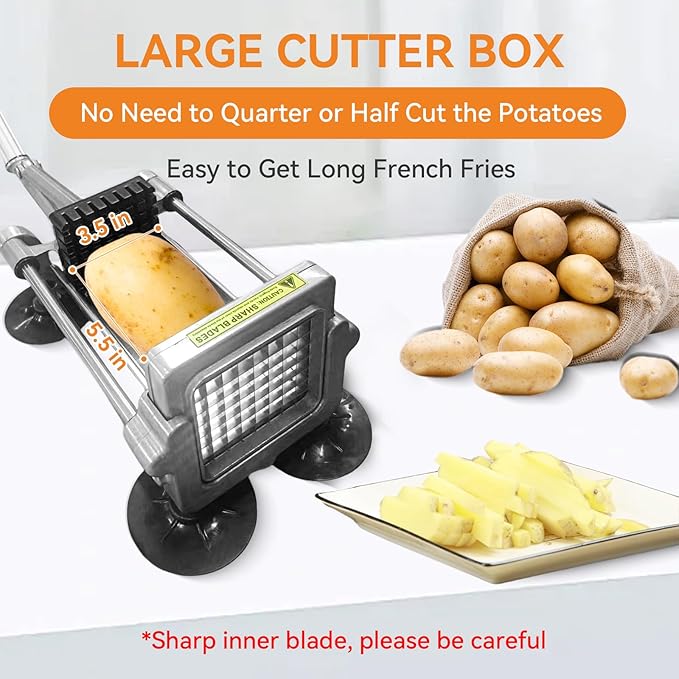 Commercial French Fry Cutter Stainless Steel.Potato Cutter for French Fries with 1/2 and 3/8Inch Blade, Commercial French Fry Cutter Manual Potatoes Cutting Machine with Suction Feet.