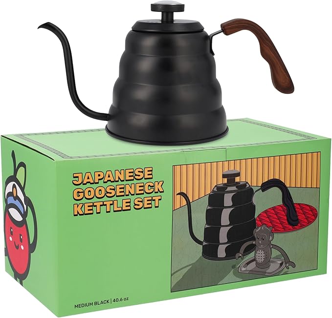 Japanese Gooseneck Kettle Stovetop with Thermometer and Insulated Handle (4-piece, 1200ml / 40.6 oz), Stainless Steel Pour Over Tea Kettle Stovetop, Precision Pour Kettles Pot for Coffee & Tea