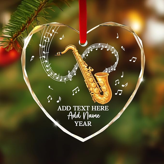 Personalized Saxophonist Christmas Glass Ornament 2025, Saxophone Musical Instrument Ornaments for Xmas Tree, Custom Text Name & Year Saxophone Player Xmas Ornament, Gifts for Music Lovers