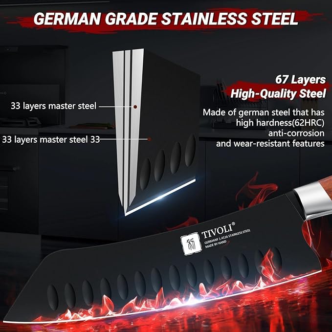 TIVOLI 3 Piece Kitchen Knife Set - High Carbon Steel - Black Blade Rustproof Coating - Chef Knife Set with Ergonomic Wood Handle, Cooking Knife Set for Meat Vegetable Fruit, Gift Box Sharp Knives