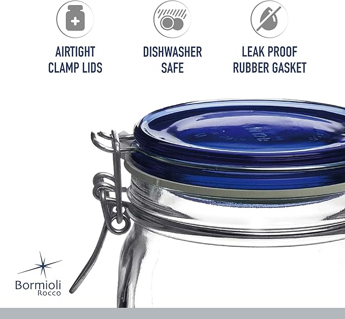 Bormioli Rocco Fido Collection, 2 Pack, 17 Oz. Food Storage Glass Jars, Airtight Rubber Seal & Glass Lid, With Stainless Wire Clamp, Made In Italy.