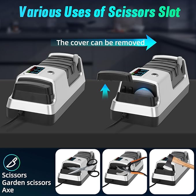 Upgrade 5 in 1 Electric Knife Sharpener with LCD Screen, 3 Rotational Speed Adjustable, 100% Diamond Abrasives, knife sharpener for Straight, Serrated, Meat Cleaver, Ceramic Knives & Scissors, Sliver