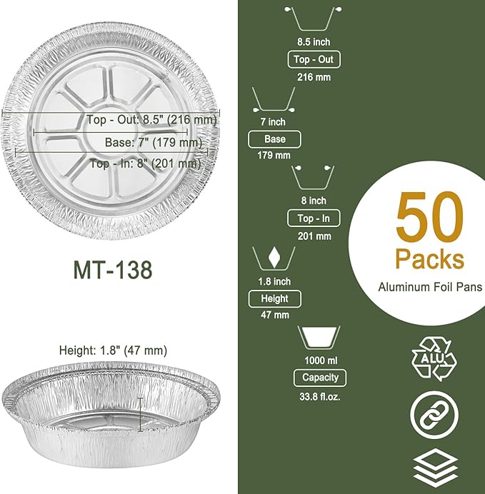 8" Aluminum Foil Pans without Lids 50 Pack of 33.8 oz,Heavy Duty Disposable Containers for Roasting,Storing,Baking,Cooking,Recyclable