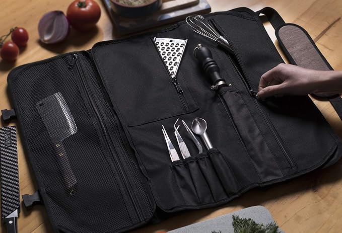 Asaya Chef Knife Roll Bag - 20 Total Pockets for Knives and Kitchen Utensils - Made with Stain Resistant Waxed Nylon - For Chefs and Culinary Students - Knives Not Included(Brown)