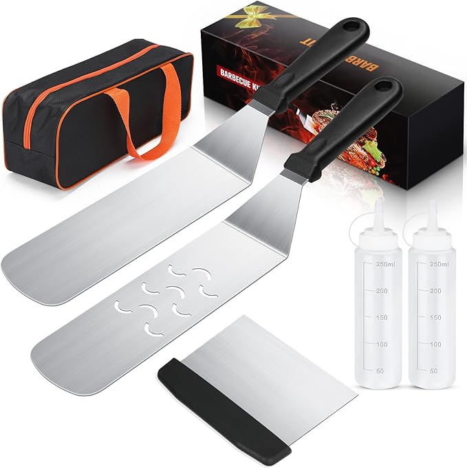 6-Piece Flat Top Griddle Accessories Kit for Blackstone and Camp Chef – Stainless Steel Tools with Carry Bag, Cleaning Brush, and Leak-Free Bottles(6pcs)