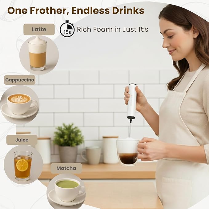 Milk Frother, Rechargeable Battery Operated Frother for Coffee,Portable Drink Mixer with 2 Stainless Steel Whisk Heads,Milk Foamer for Keto Coffee, Latte, Cappuccino, Hot Chocolate,White
