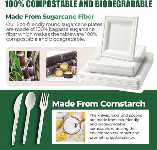 100% Compostable Paper Plates, and Biodegradable Set Includes Forks Spoons and Knives Perfect for Eco Friendly Parties and Gatherings（White 300pcs)