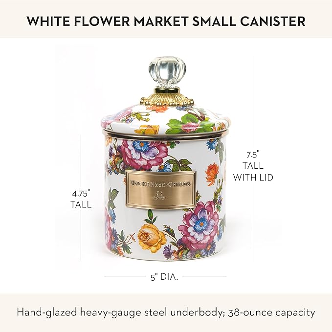 MACKENZIE-CHILDS Small Enamel Canister, Kitchen Storage Container for Flour and Sugar, 1.13 Liters, White Flower Market