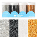 Sweets Indeed Metallic Sugar Crystals 4-Pack – 4.52 oz | Black, Gold, Silver & White Sparkling Sugars in Individual Jars | Premium Baking & Decorating Sugars for Holidays, Parties & Desserts