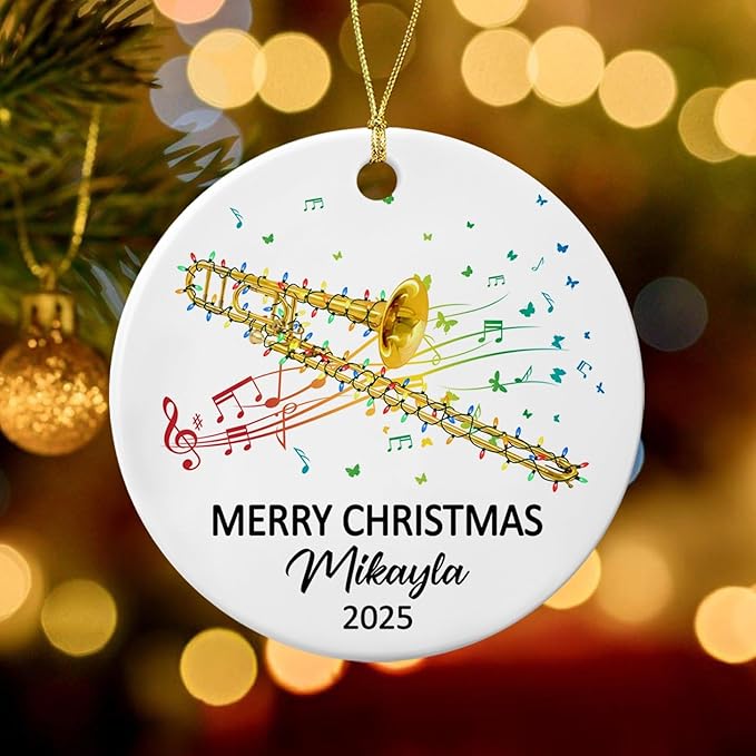 Customized Trombone Musical Player Ceramic Ornament with Name Text Year, Personalized Hanging Xmas Tree Ornaments Gift for Trombonist Daughter Son Brother Sister Friends, Trombone Instrument Ornament