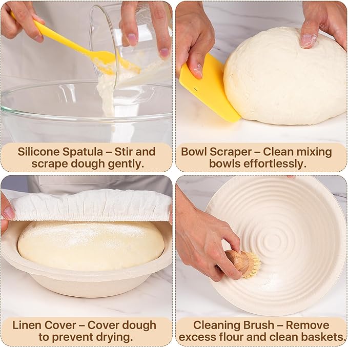 Non-Stick Oval Wood Pulp Banneton Bread Proofing Basket Set Of 2, Sourdough Banneton Basket Kit, Bread Making Tool Sourdough Starter Kit with Proofing Bowl, Cover, Dough Whisk, Lame, Scraper