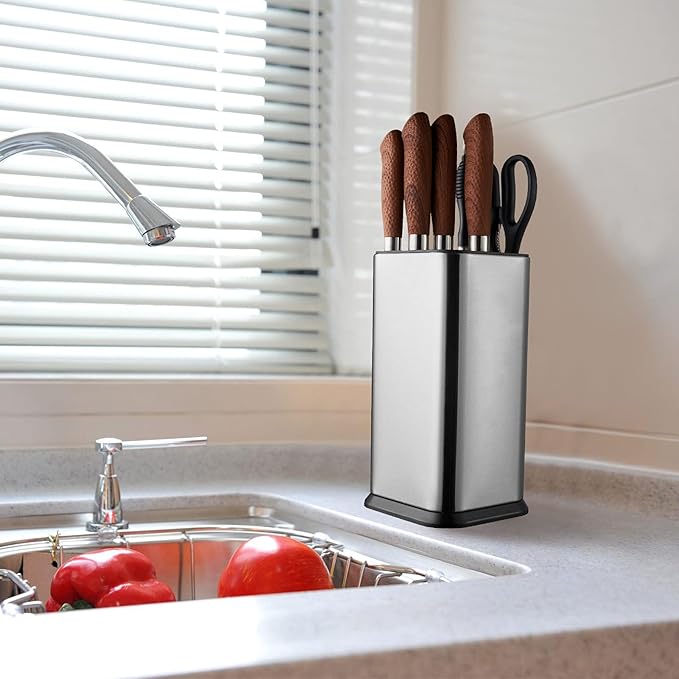 Universal Knife Block Without Knives,Modern Knife Holder for Kitchen Counter,Stainless Steel Knife Organizer with Scissors Slot & Sharpening Rod,Space Saver Rectangular Blocks & Storage - (Silver)